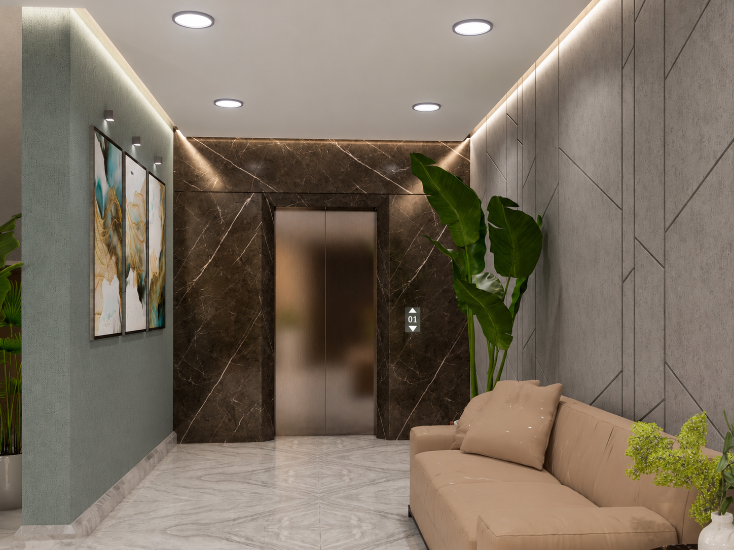 Shri Sadhna Dham lift lobby interior